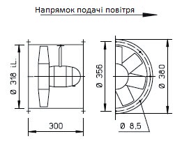 Габаритні розміри високопотужного осьового вентилятора Helios HRFW 315/6