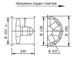 Габаритні розміри високопотужного осьового вентилятора Високопотужні осьові вентилятори HQ/HW/HS/HRF Helios HRFW 400/4