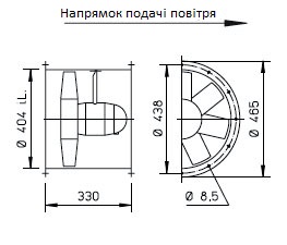 Габаритні розміри високопотужного осьового вентилятора Helios HRFW 400/4