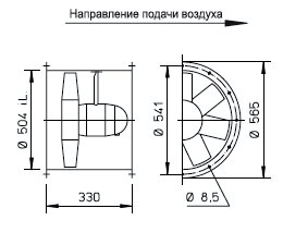 Габаритные размеры высокомощного осевого вентилятора Высокомощные осевые вентиляторы HQ/HW/HS/HRF Helios HRFW 500/6