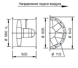 Габаритные размеры высокомощного осевого вентилятора Высокомощные осевые вентиляторы HQ/HW/HS/HRF Helios HRFW 560/6