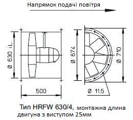 Габаритні розміри високопотужного осьового вентилятора Високопотужні осьові вентилятори HQ/HW/HS/HRF Helios HRFW 630/4