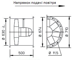 Габаритні розміри високопотужного осьового вентилятора Високопотужні осьові вентилятори HQ/HW/HS/HRF Helios HRFD 630/8/4