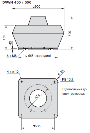 Габаритні розміри вентилятора DVWN 500-4 D