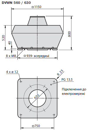 Габаритні розміри вентилятора DVWN 630-4 D 120°C