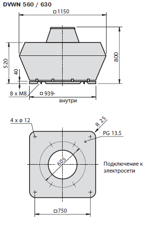 Габаритные размеры вентилятора DVWN 630-4 D 80°C
