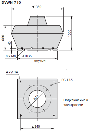 Габаритные размеры вентилятора DVWN 710-6 D 120°C