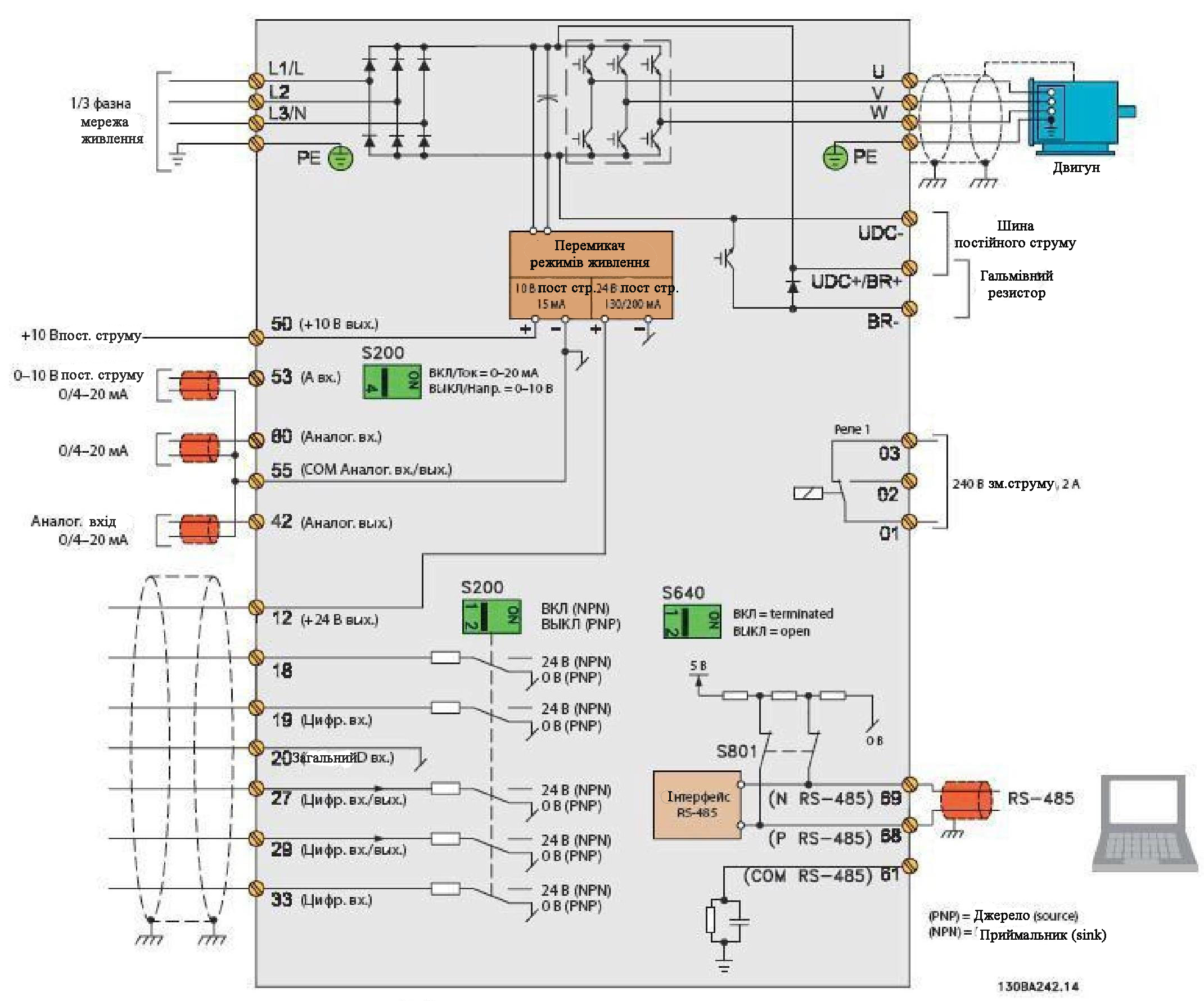 Схема електричних з'єднань частотного перетворювача Danfoss VLT Micro FC-051 15кВт / 3ф