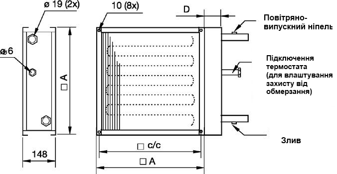 Габаритні розміри повітронагрівача Нагрівачі Systemair VBK 55 Water heating battery