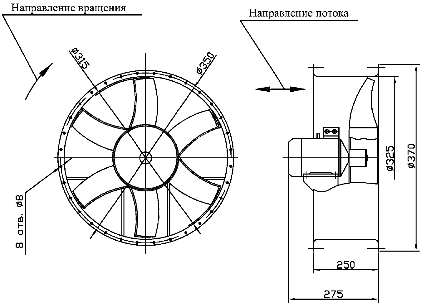 Габаритные размеры промышленного вентилятора ВО 06-300 (ВО 13-290) №3,15