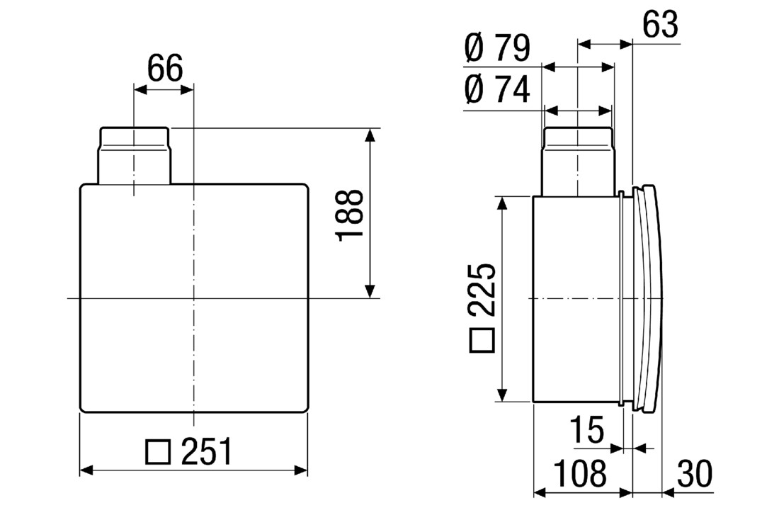 ER - UP/G IM0006353.PNG Корпус скрытого монтажа с пластмассовым выбросным патрубком для установки вентилятора ER 60 / ER 100 или элемента вытяжной вентиляции Centro-M / Centro-E / Centro-H, возможно двухкомнатное присоединение справа / слева / снизу